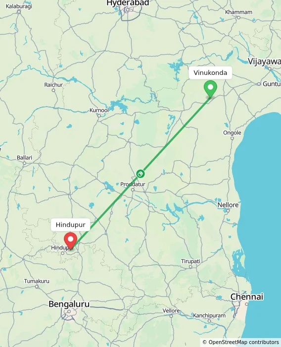 Route map showing distance and travel time from Vinukonda, India to Hindupur, India