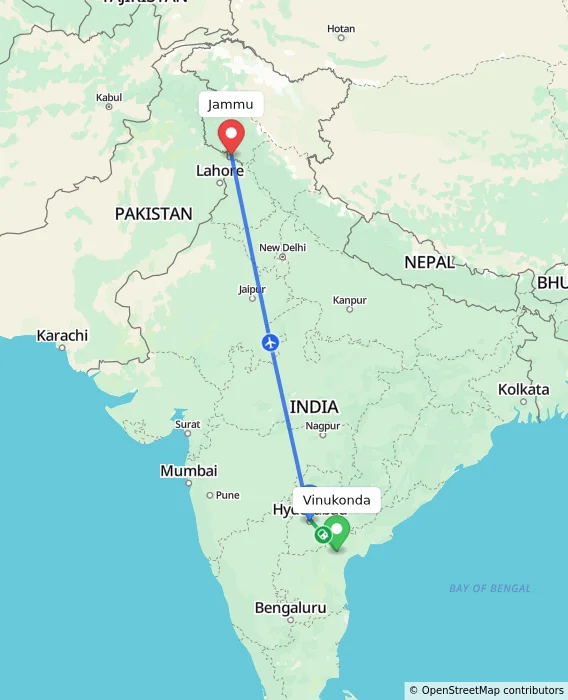 Route map showing distance and travel time from Vinukonda, India to Jammu, India