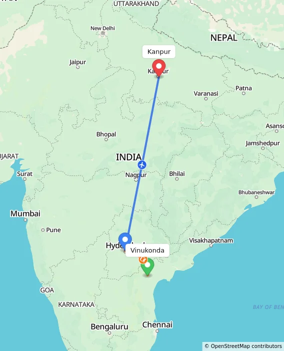 Route map showing distance and travel time from Vinukonda, India to Kanpur, India