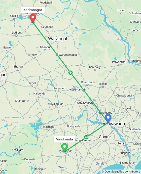 Route map showing distance and travel time from Vinukonda, India to Karimnagar, India