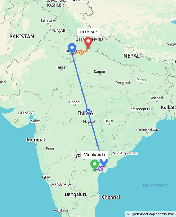 Route map showing distance and travel time from Vinukonda, India to Kashipur, India