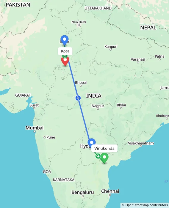 Route map showing distance and travel time from Vinukonda, India to Kota, India