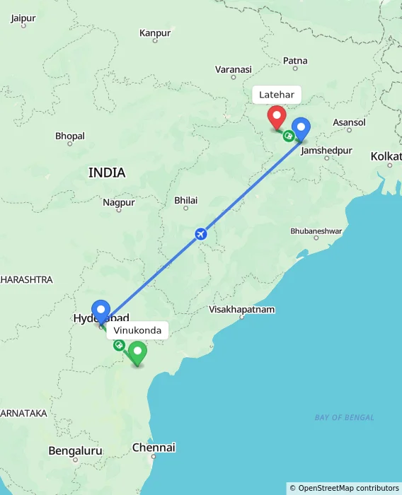 Route map showing distance and travel time from Vinukonda, India to Latehar, India