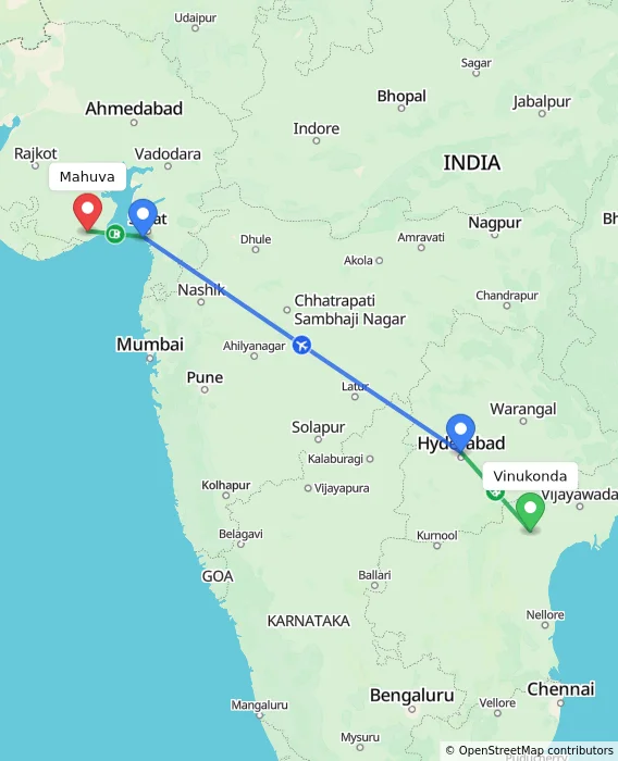 Route map showing distance and travel time from Vinukonda, India to Mahuva, India