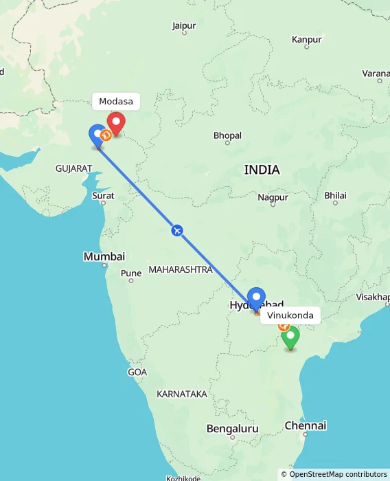 Route map showing distance and travel time from Vinukonda, India to Modasa, India