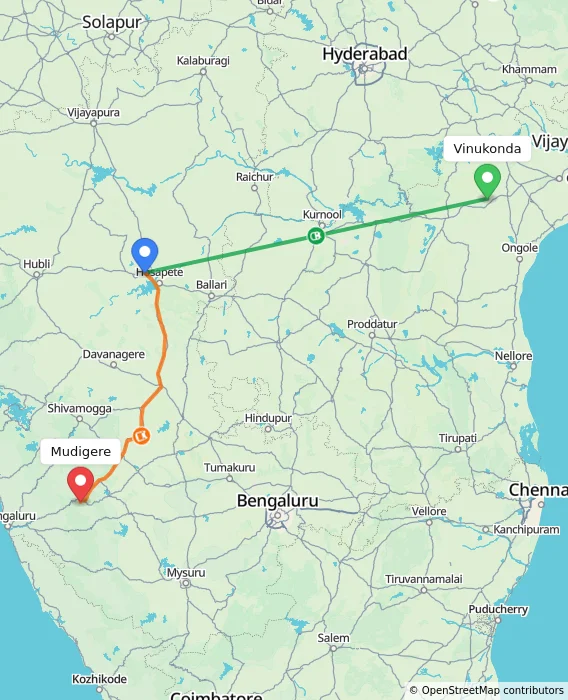 Route map showing distance and travel time from Vinukonda, India to Mudigere, India