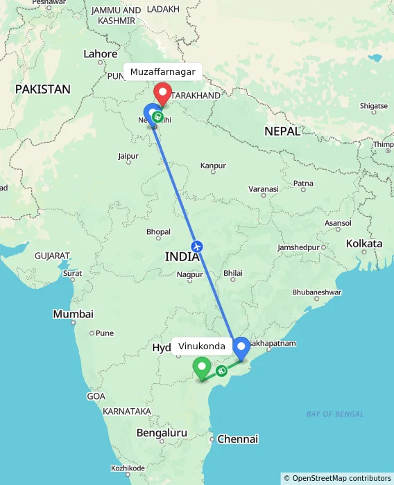 Route map showing distance and travel time from Vinukonda, India to Muzaffarnagar, India
