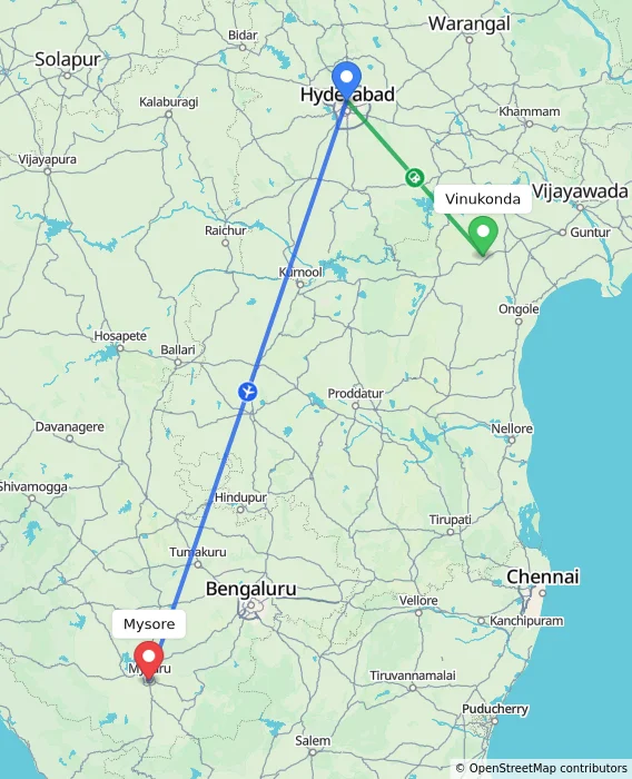Route map showing distance and travel time from Vinukonda, India to Mysore, India