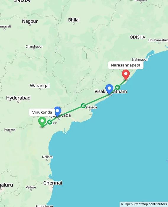 Route map showing distance and travel time from Vinukonda, India to Narasannapeta, India