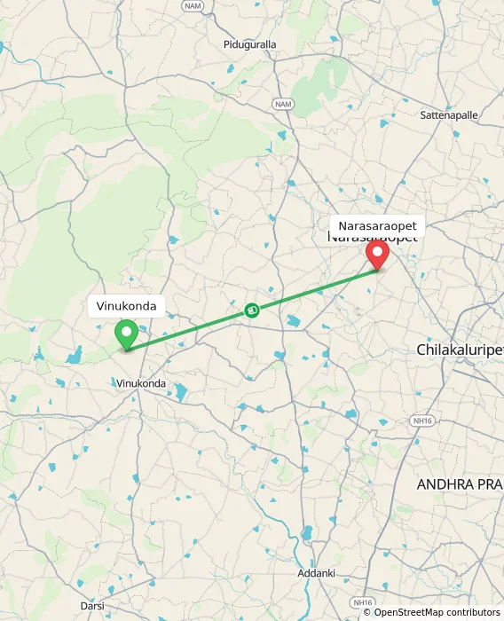 Route map showing distance and travel time from Vinukonda, India to Narasaraopet, India