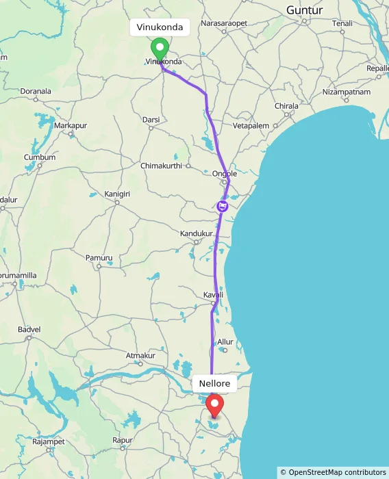 Route map showing distance and travel time from Vinukonda, India to Nellore, India