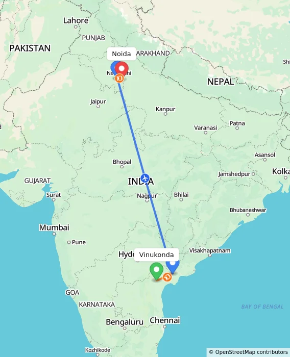 Route map showing distance and travel time from Vinukonda, India to Noida, India