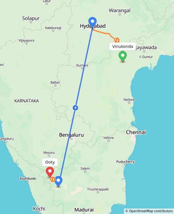 Route map showing distance and travel time from Vinukonda, India to Ooty, India