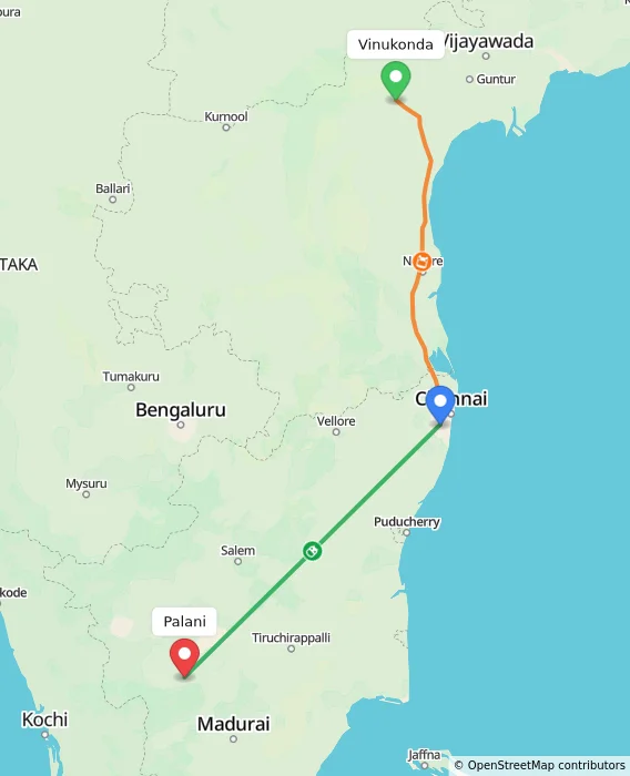 Route map showing distance and travel time from Vinukonda, India to Palani, India