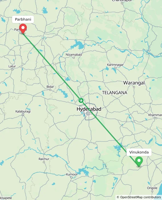 Route map showing distance and travel time from Vinukonda, India to Parbhani, India