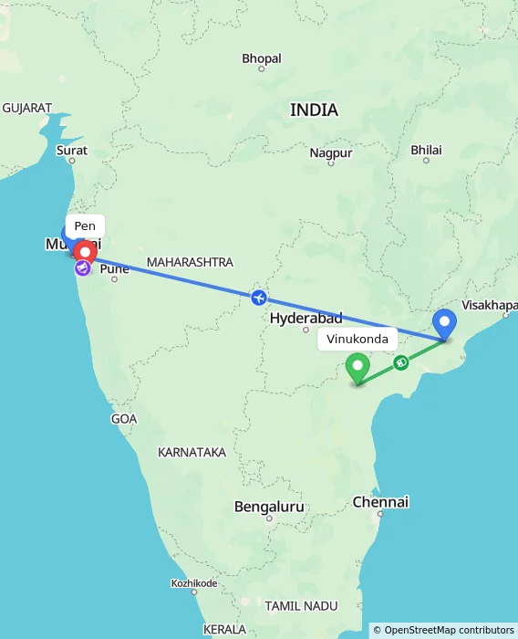 Route map showing distance and travel time from Vinukonda, India to Pen, India