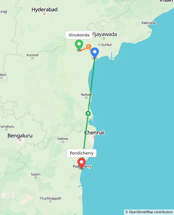 Route map showing distance and travel time from Vinukonda, India to Pondicherry, India