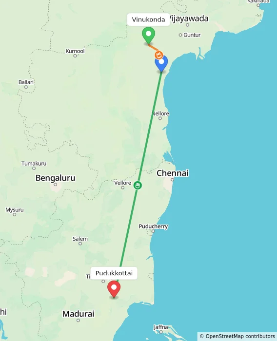 Route map showing distance and travel time from Vinukonda, India to Pudukkottai, India