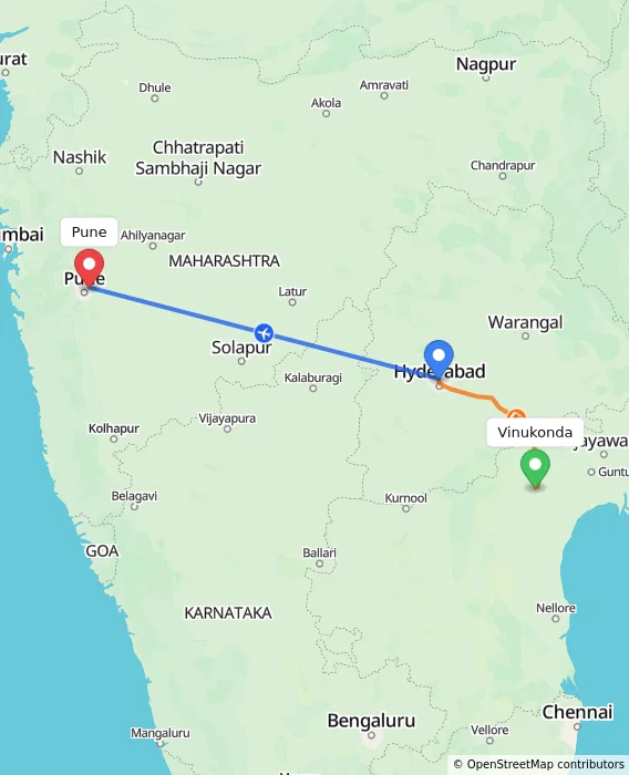 Route map showing distance and travel time from Vinukonda, India to Pune, India