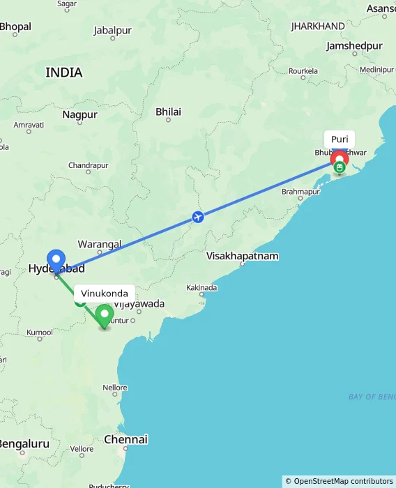 Route map showing distance and travel time from Vinukonda, India to Puri, India