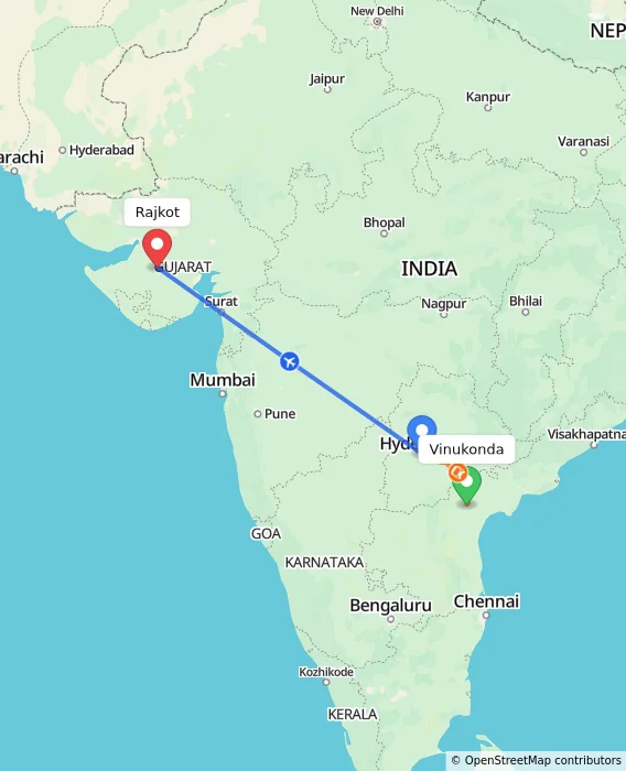 Route map showing distance and travel time from Vinukonda, India to Rajkot, India