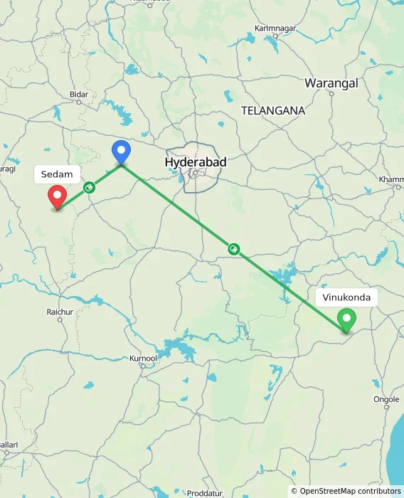 Route map showing distance and travel time from Vinukonda, India to Sedam, India