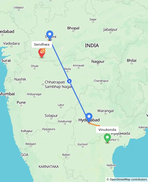 Route map showing distance and travel time from Vinukonda, India to Sendhwa, India