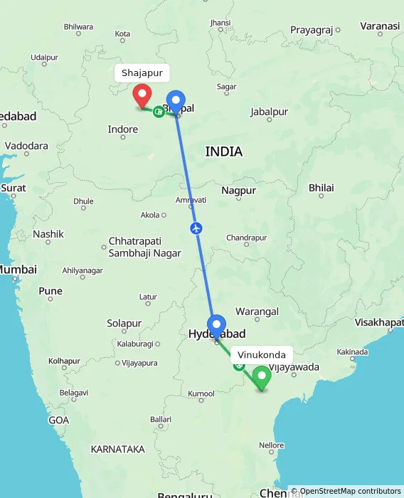 Route map showing distance and travel time from Vinukonda, India to Shajapur, India