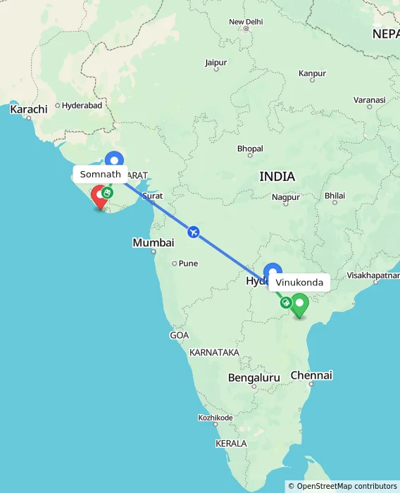 Route map showing distance and travel time from Vinukonda, India to Somnath, India