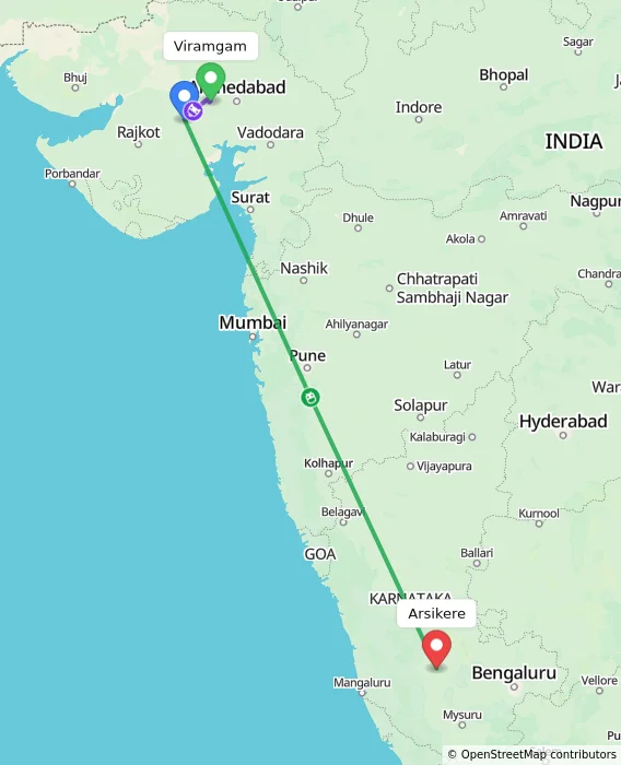 Route map showing distance and travel time from Viramgam, India to Arsikere, India
