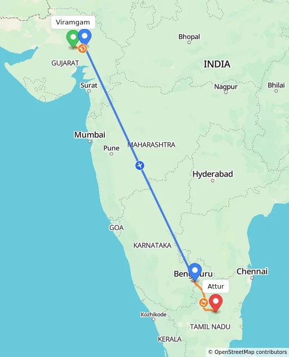 Route map showing distance and travel time from Viramgam, India to Attur, India