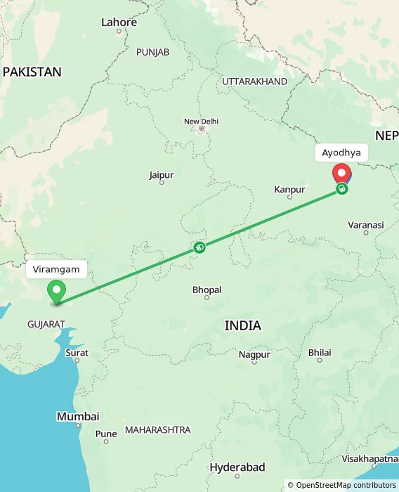 Route map showing distance and travel time from Viramgam, India to Ayodhya, India