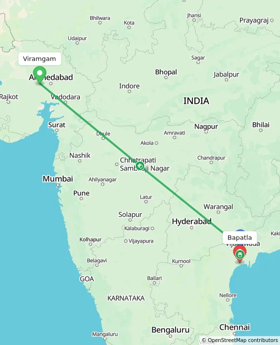 Route map showing distance and travel time from Viramgam, India to Bapatla, India