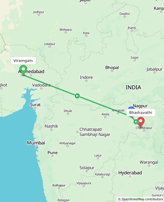 Route map showing distance and travel time from Viramgam, India to Bhadravathi, India
