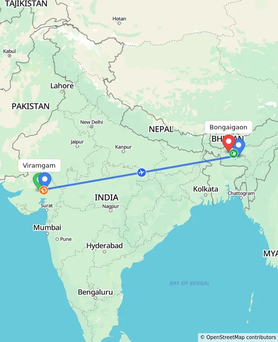 Route map showing distance and travel time from Viramgam, India to Bongaigaon, India