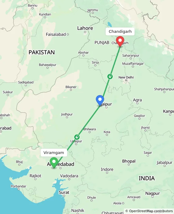 Route map showing distance and travel time from Viramgam, India to Chandigarh, India