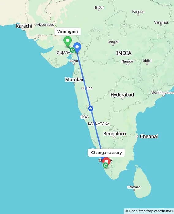 Route map showing distance and travel time from Viramgam, India to Changanassery, India