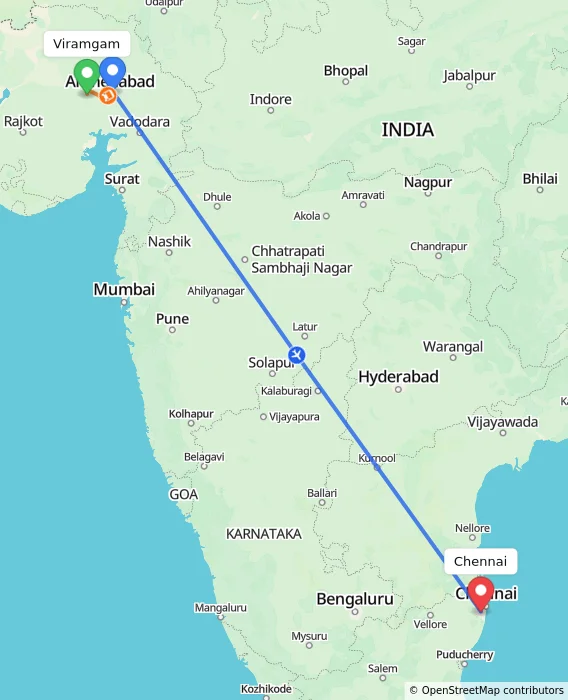 Route map showing distance and travel time from Viramgam, India to Chennai, India