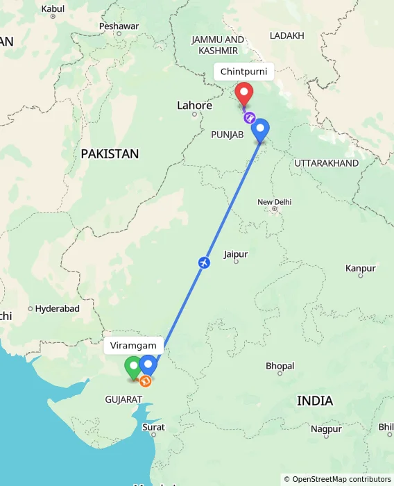 Route map showing distance and travel time from Viramgam, India to Chintpurni, India