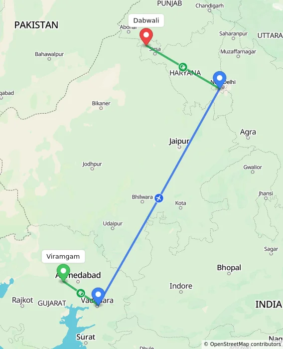 Route map showing distance and travel time from Viramgam, India to Dabwali, India