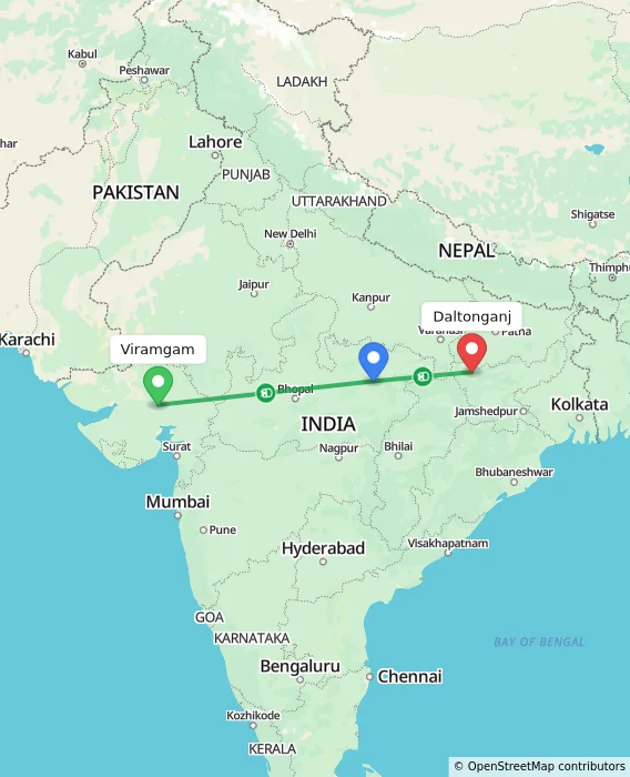 Route map showing distance and travel time from Viramgam, India to Daltonganj, India