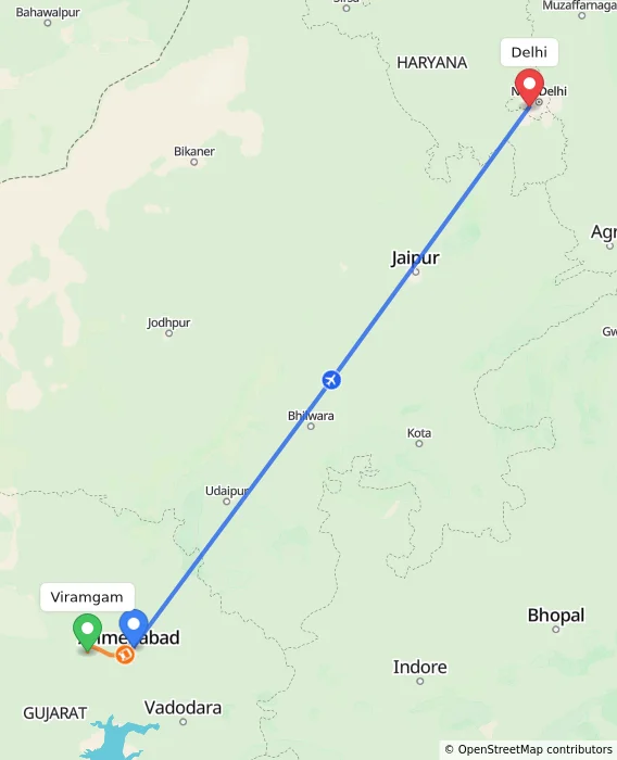 Route map showing distance and travel time from Viramgam, India to Delhi, India