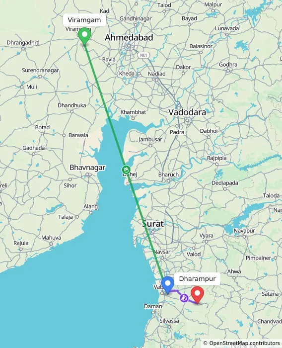 Route map showing distance and travel time from Viramgam, India to Dharampur, India
