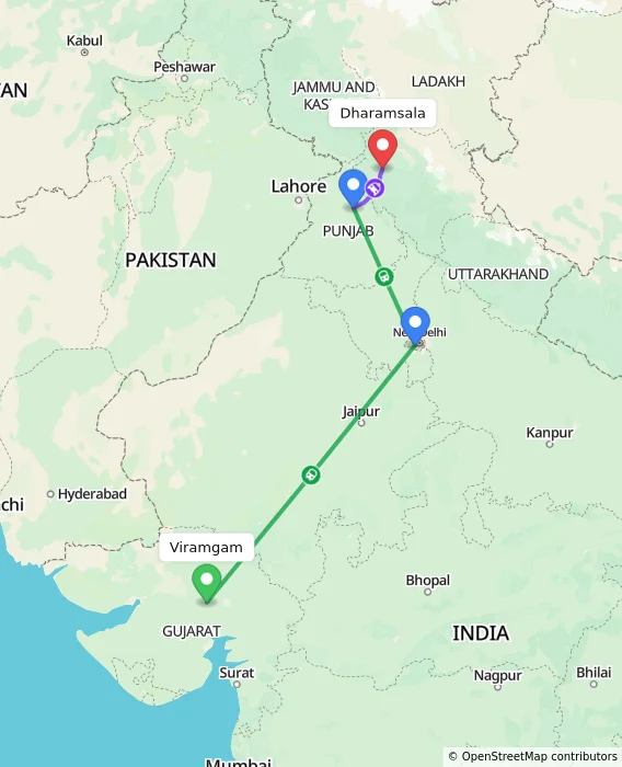 Route map showing distance and travel time from Viramgam, India to Dharamsala, India