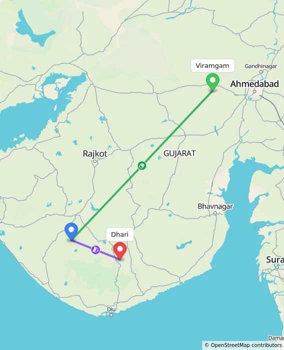 Route map showing distance and travel time from Viramgam, India to Dhari, India