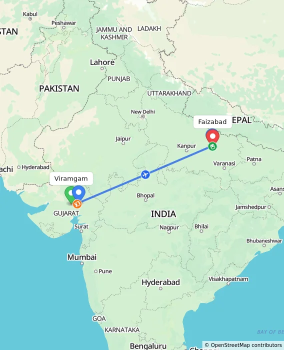 Route map showing distance and travel time from Viramgam, India to Faizabad, India