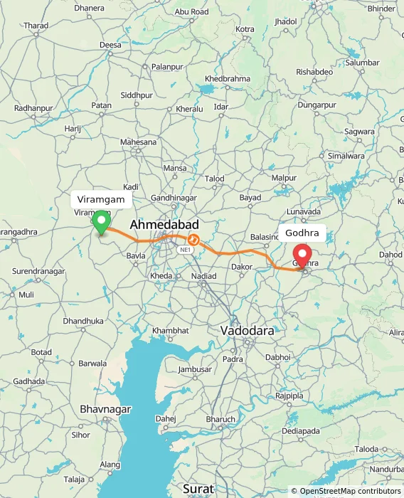 Route map showing distance and travel time from Viramgam, India to Godhra, India