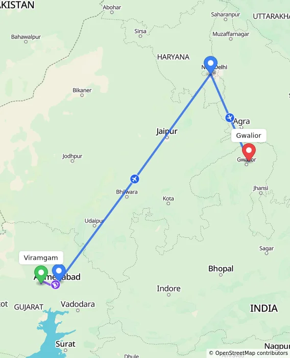 Route map showing distance and travel time from Viramgam, India to Gwalior, India