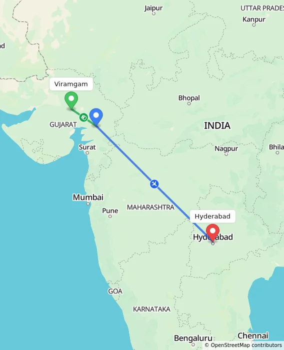 Route map showing distance and travel time from Viramgam, India to Hyderabad, India