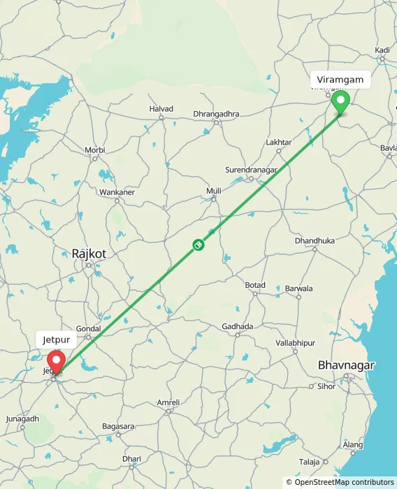 Route map showing distance and travel time from Viramgam, India to Jetpur, India